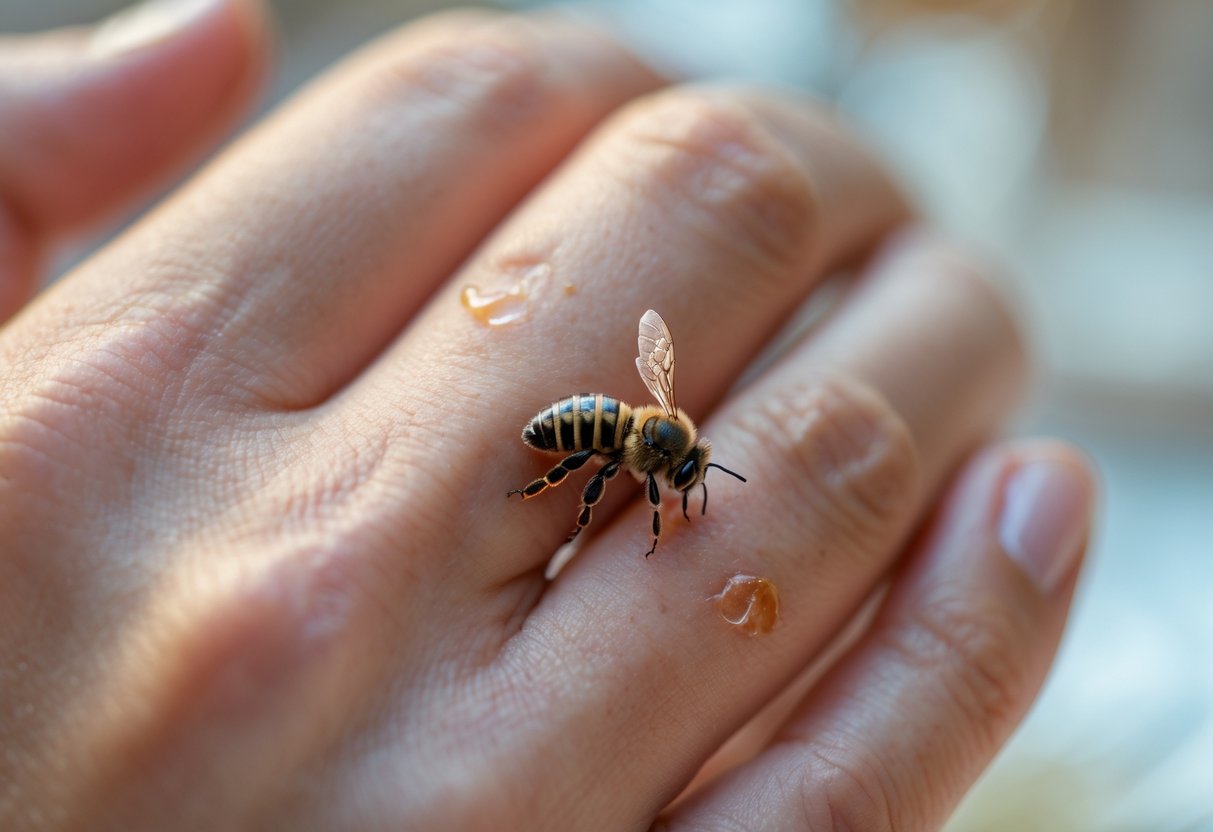 Close-up of a hand with a bee stinger embedded in the skin and slight redness around the sting area.