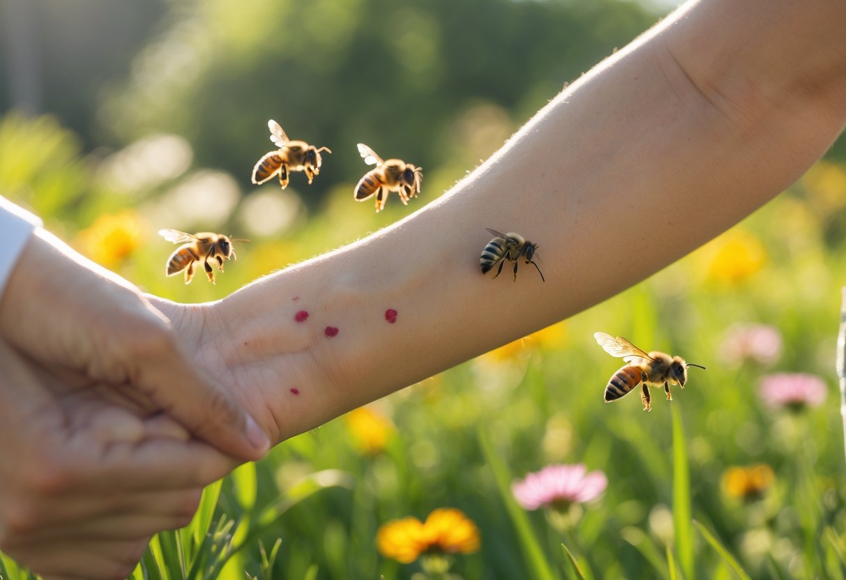 A person outdoors with bees buzzing around their arm, showing small red bumps on the skin.