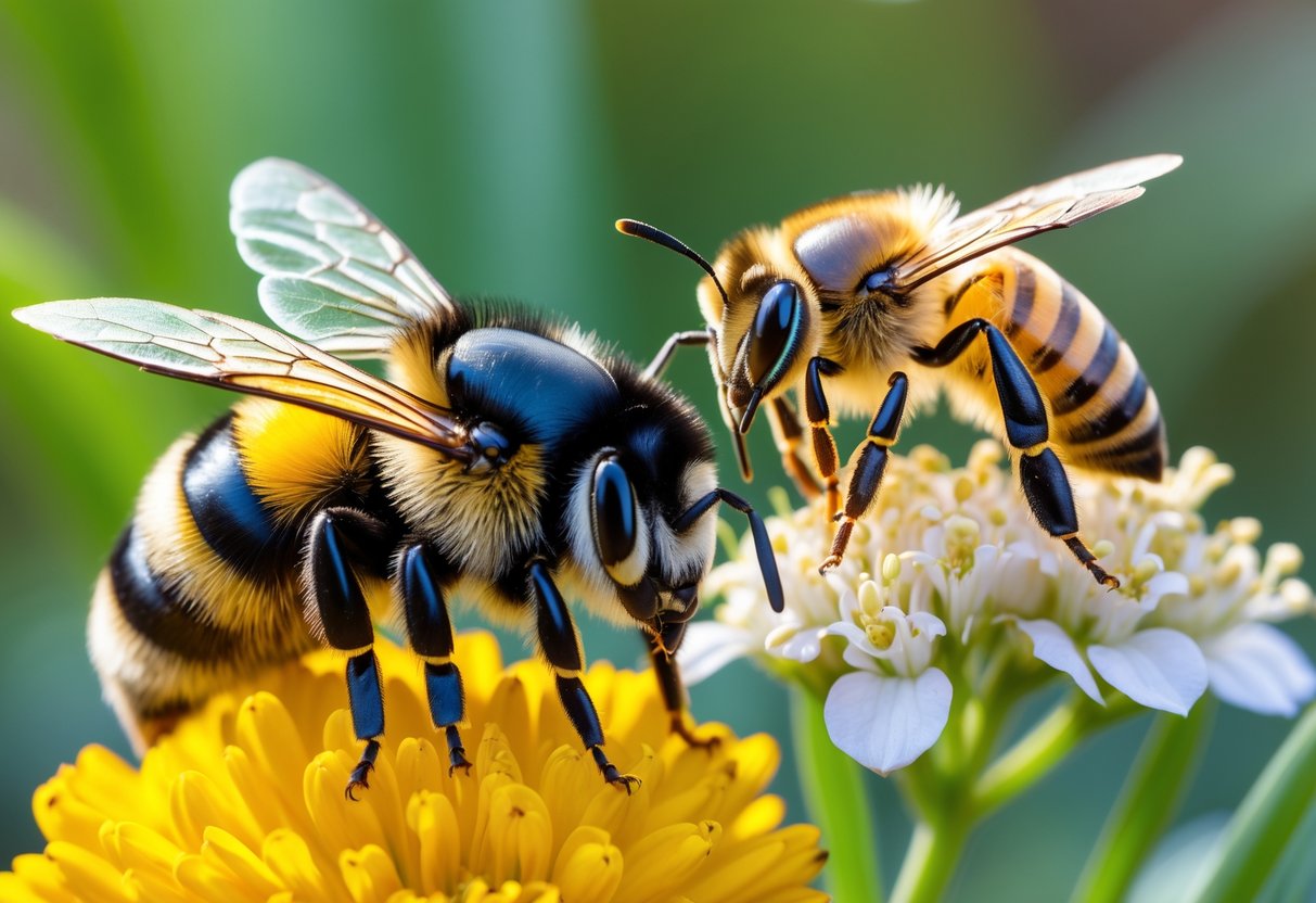 Close-up of a bumble bee and a honey bee on different flowers showing their size and color differences.