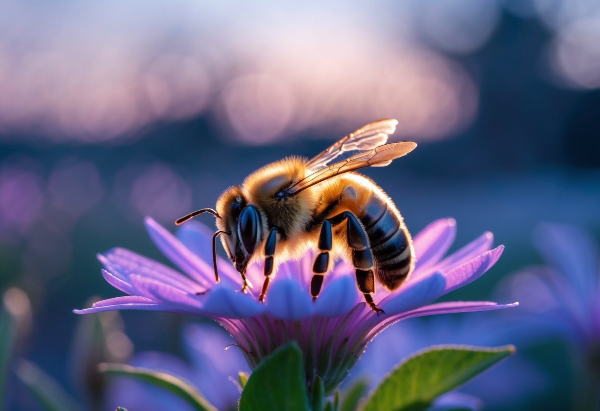 A honeybee resting on a flower at dusk with soft twilight colors in the background.