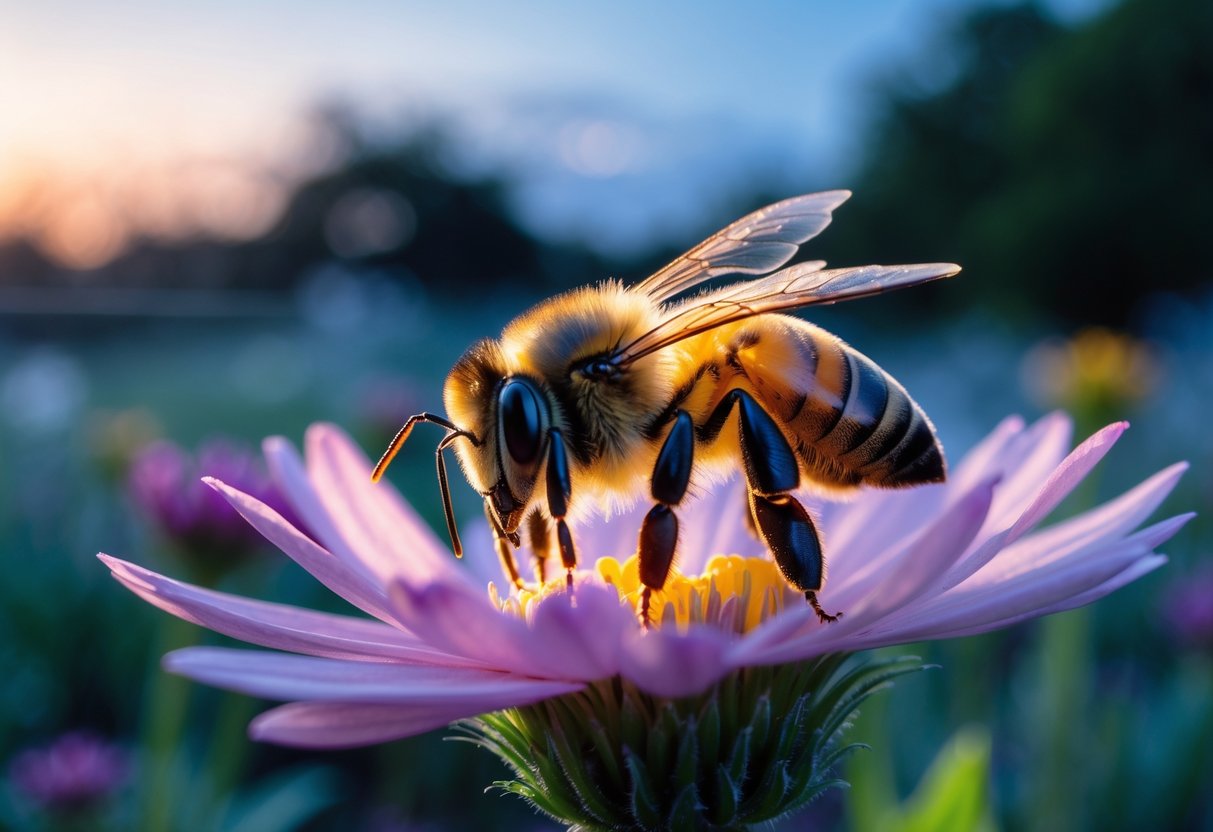A honeybee resting on a flower at dusk in a garden setting.