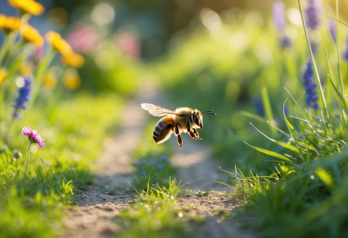 A bee flying over a garden path surrounded by grass and wildflowers.