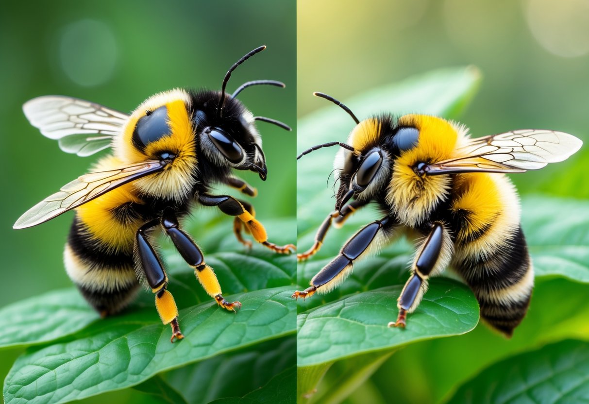 Close-up side-by-side view of a male and a female bumblebee resting on green leaves, showing their physical differences.
