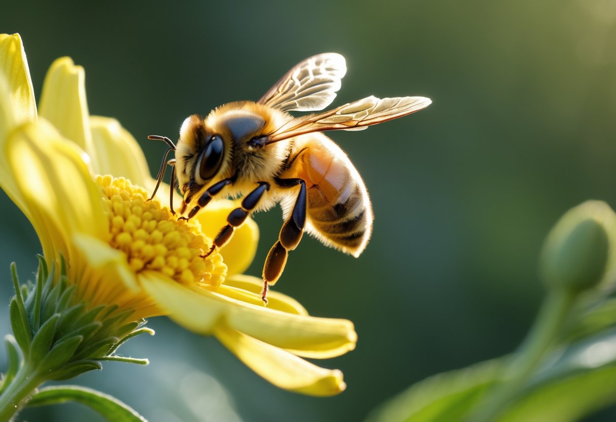 A single bee resting on a yellow flower petal with green blurred background.