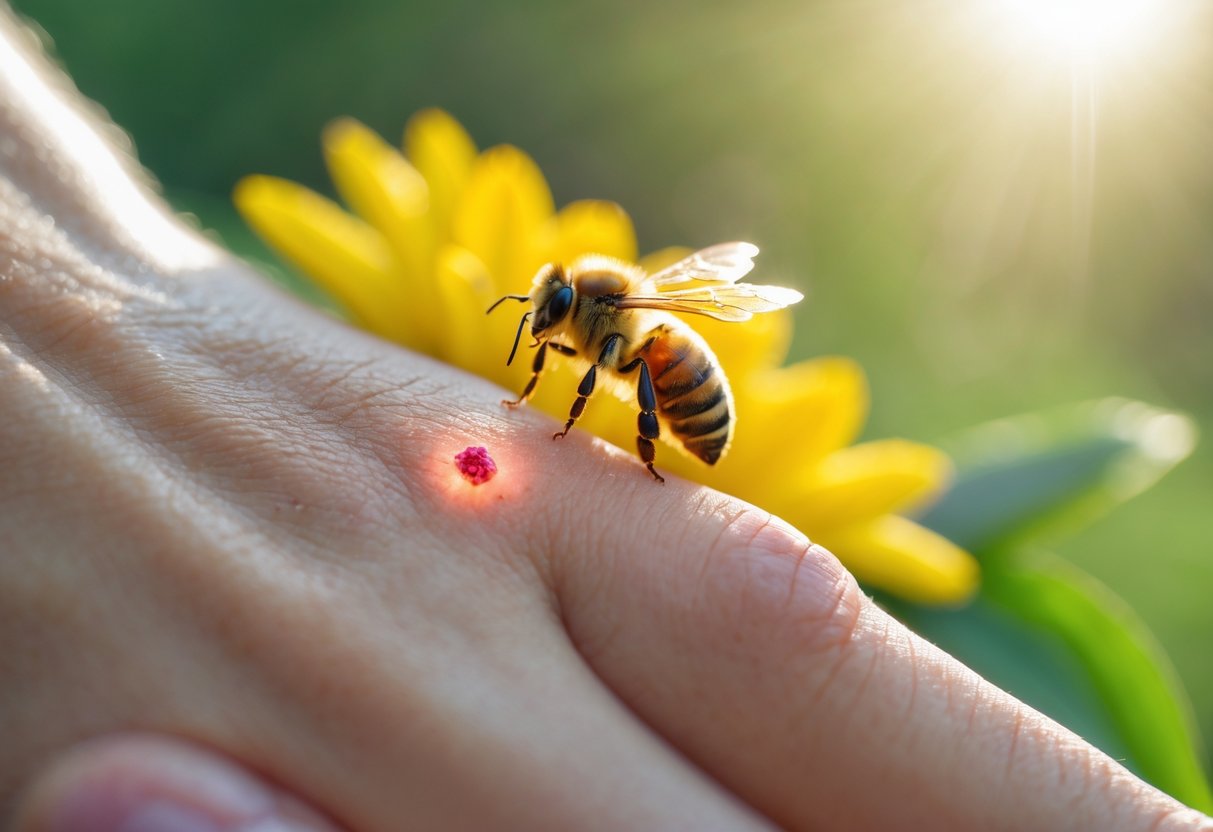 Close-up of a person's hand with a red swollen bee sting, a honeybee on a yellow flower nearby, and a blurred natural background.