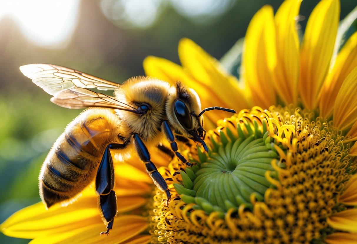 A honeybee collecting pollen on a yellow sunflower in a green outdoor setting.