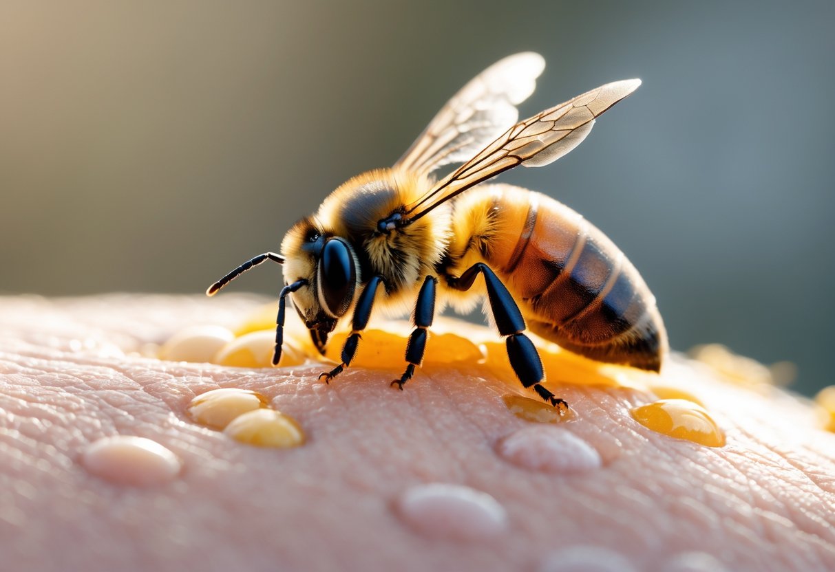 Close-up of a honeybee stinging human skin with visible redness and swelling around the sting.