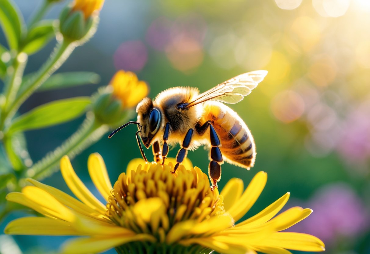 A close-up of a honeybee sitting on a yellow flower with green plants in the background.