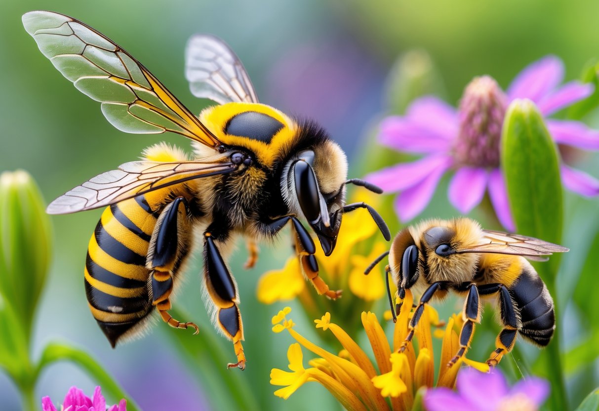 Close-up of different types of bees on colorful flowers in a garden.