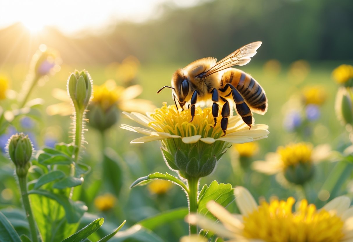 A honeybee gathering nectar on a yellow flower in a sunlit meadow surrounded by green plants.
