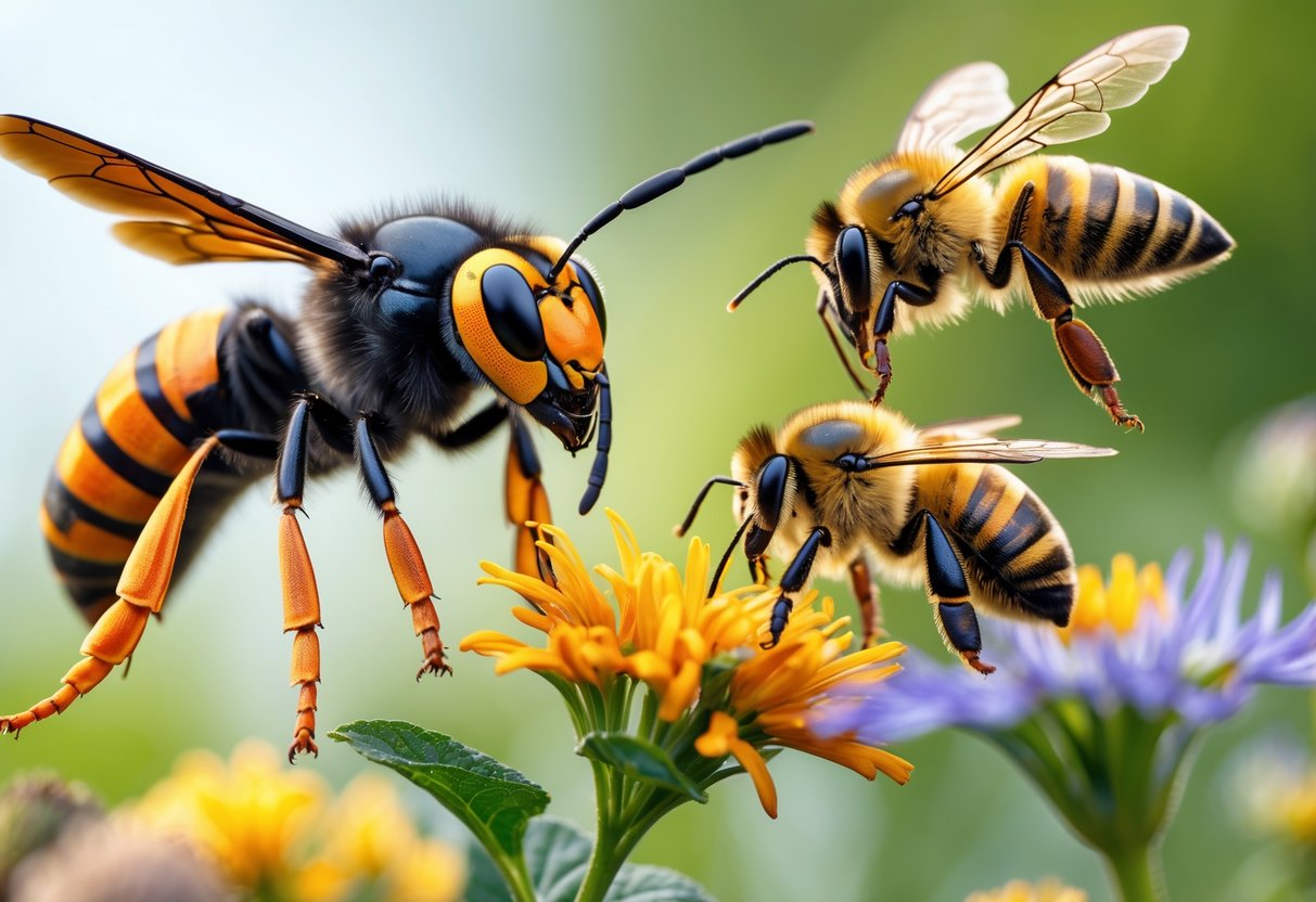 Close-up of various bees including an Asian giant hornet, a honeybee, and a bumblebee on flowers in a garden setting.