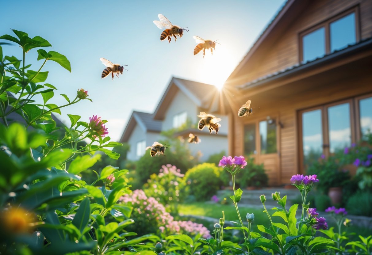 A house with bees flying around flowers and the garden in bright daylight.