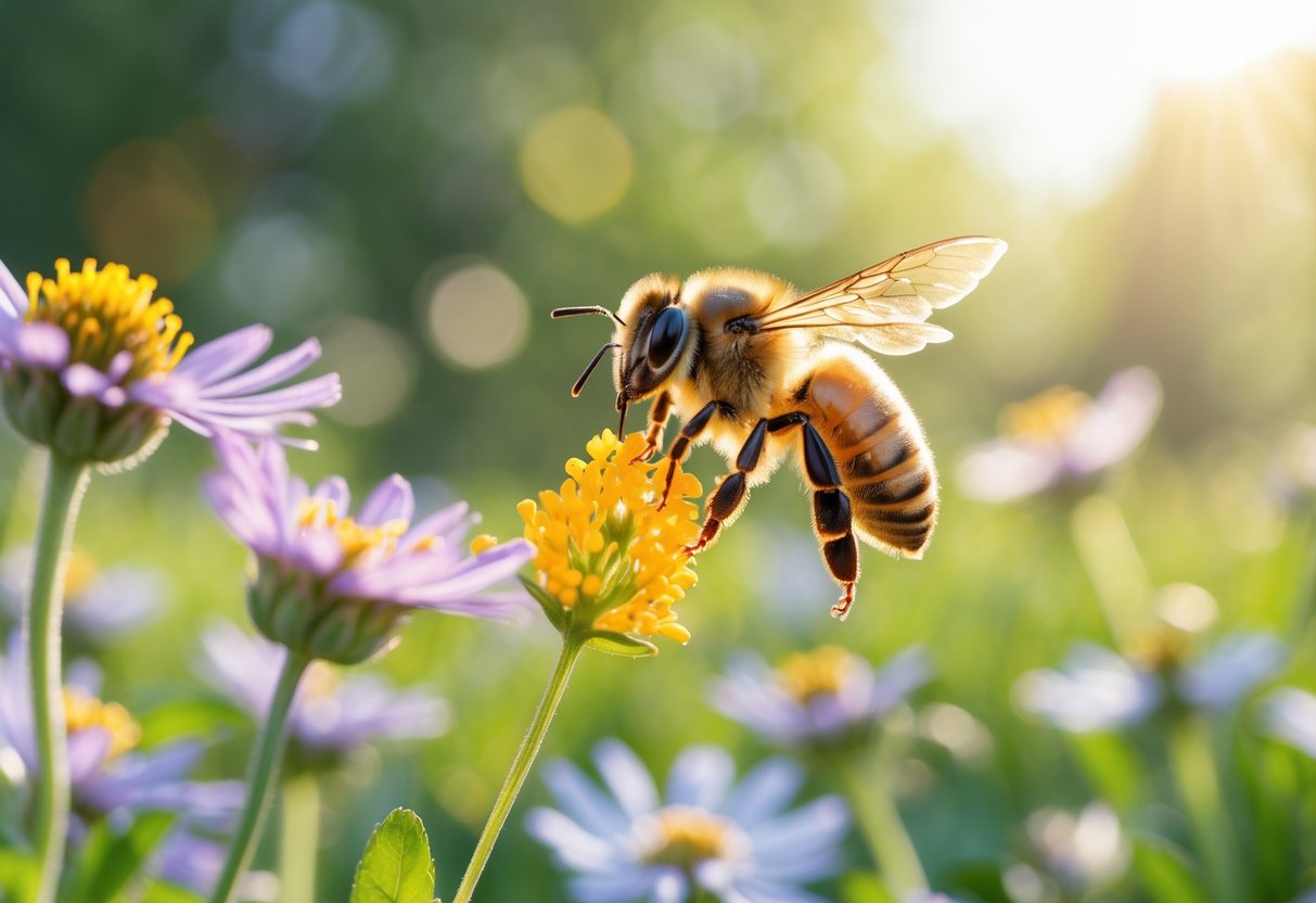 A honeybee flying near a colorful flower in a sunlit meadow with green plants in the background.