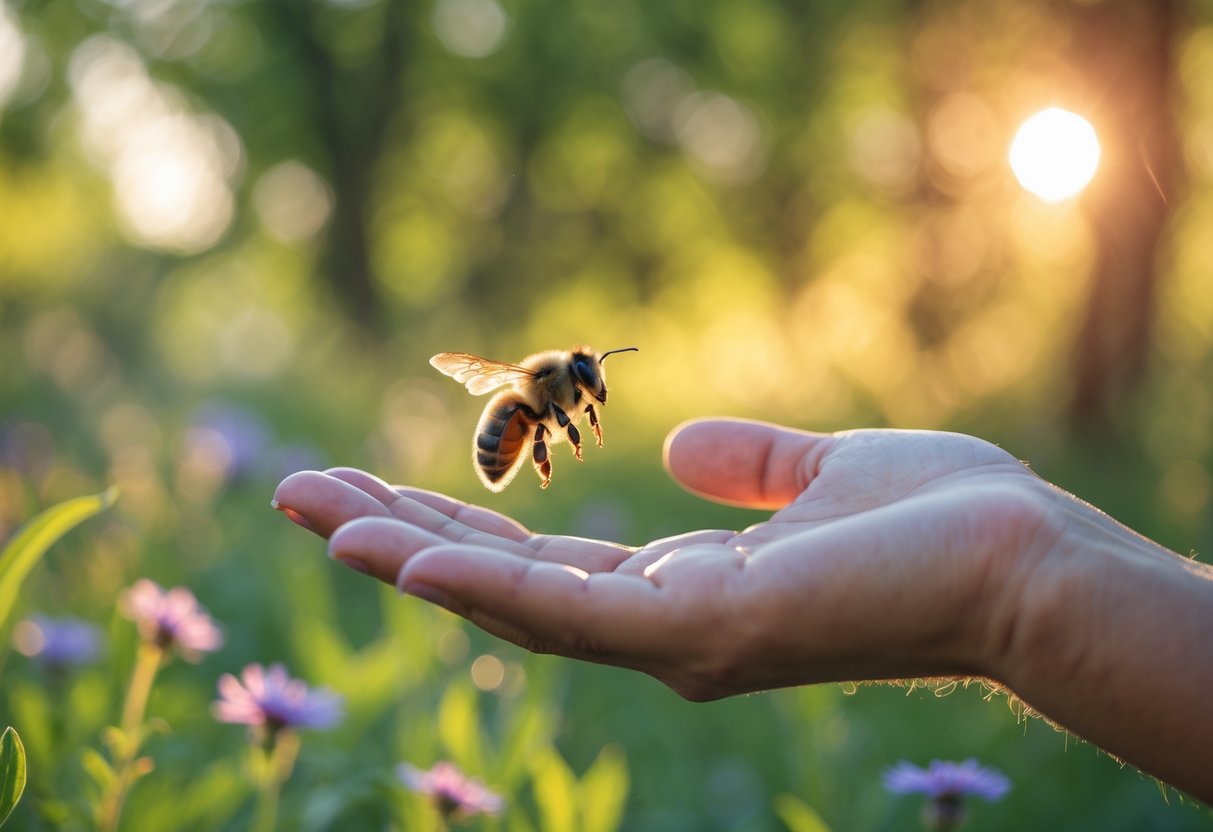 A bee flying near a person's outstretched hand in a sunlit outdoor setting with green trees and wildflowers in the background.