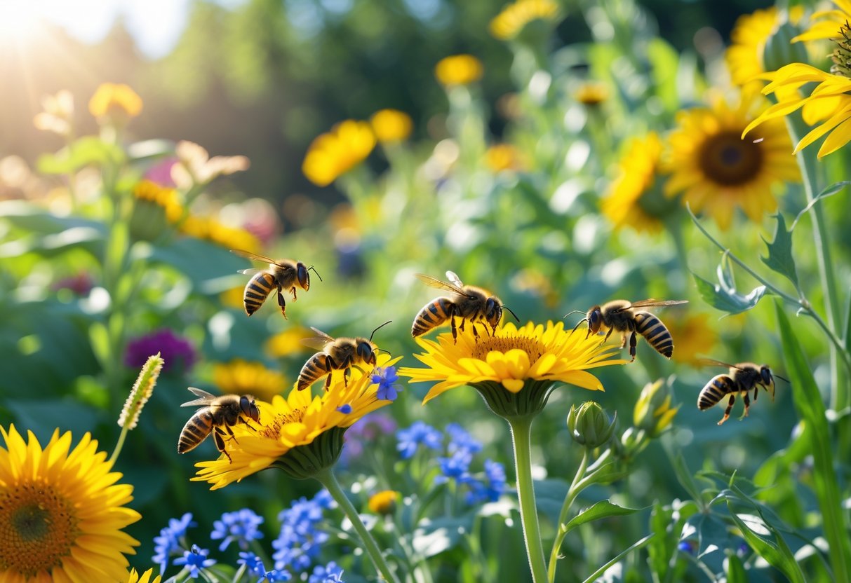 Bees and wasps gathering nectar from bright yellow flowers in a sunny garden.