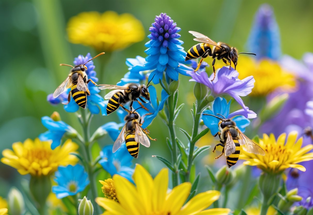 Close-up of yellow, blue, and purple flowers with bees and wasps collecting nectar in a garden.