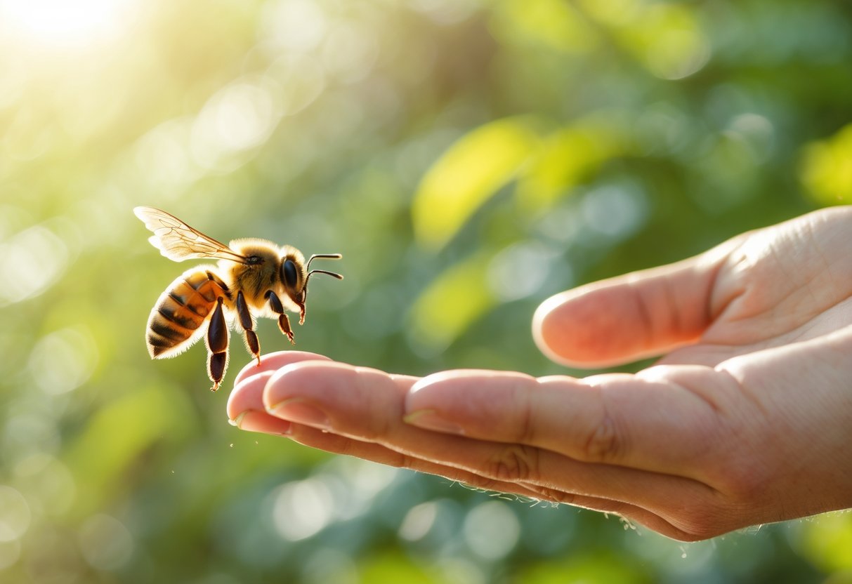 A honeybee flying close to a person's outstretched hand in a green outdoor setting.