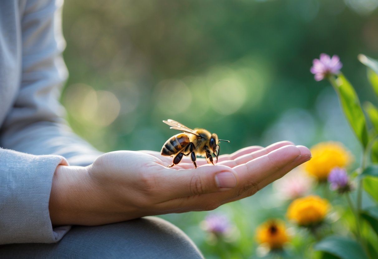 A person outdoors calmly letting a bee land on their hand with a garden background.