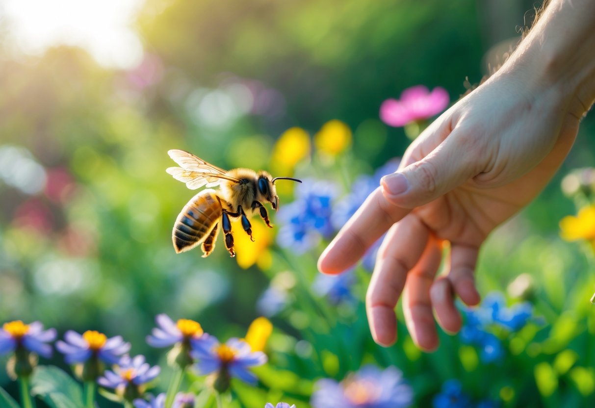 A honeybee flying near a person's hand reaching toward colorful flowers in a garden.