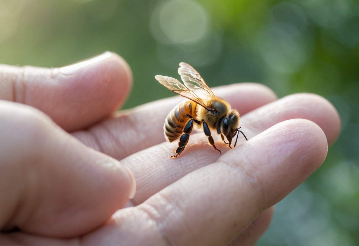 A close-up of a person's hand holding a honeybee on their fingertip outdoors.