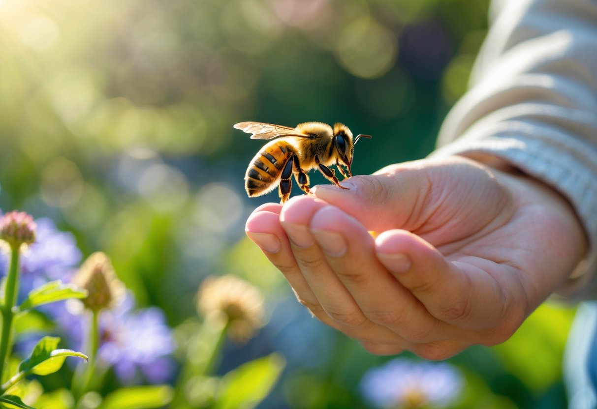 A person calmly holding a bee on their finger outdoors with flowers in the background.