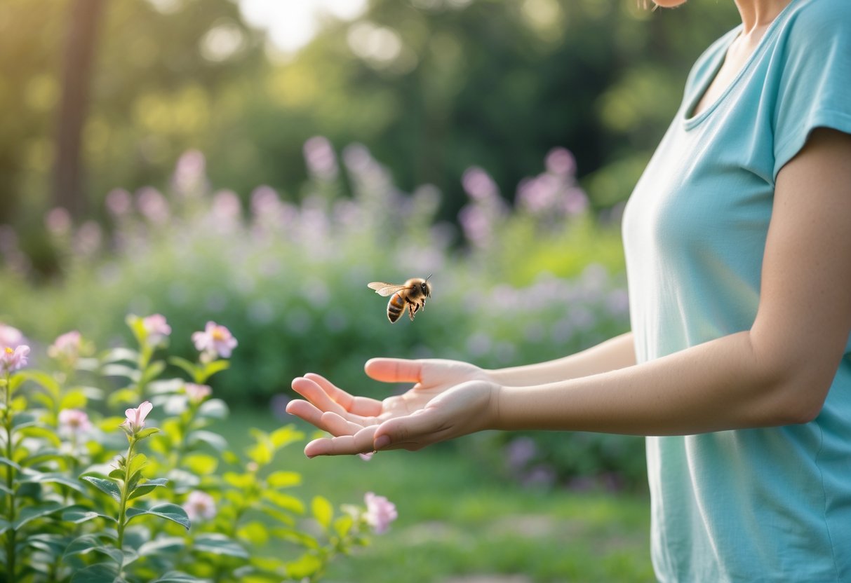 A person outdoors gently moving their hand away from a bee hovering near flowers.