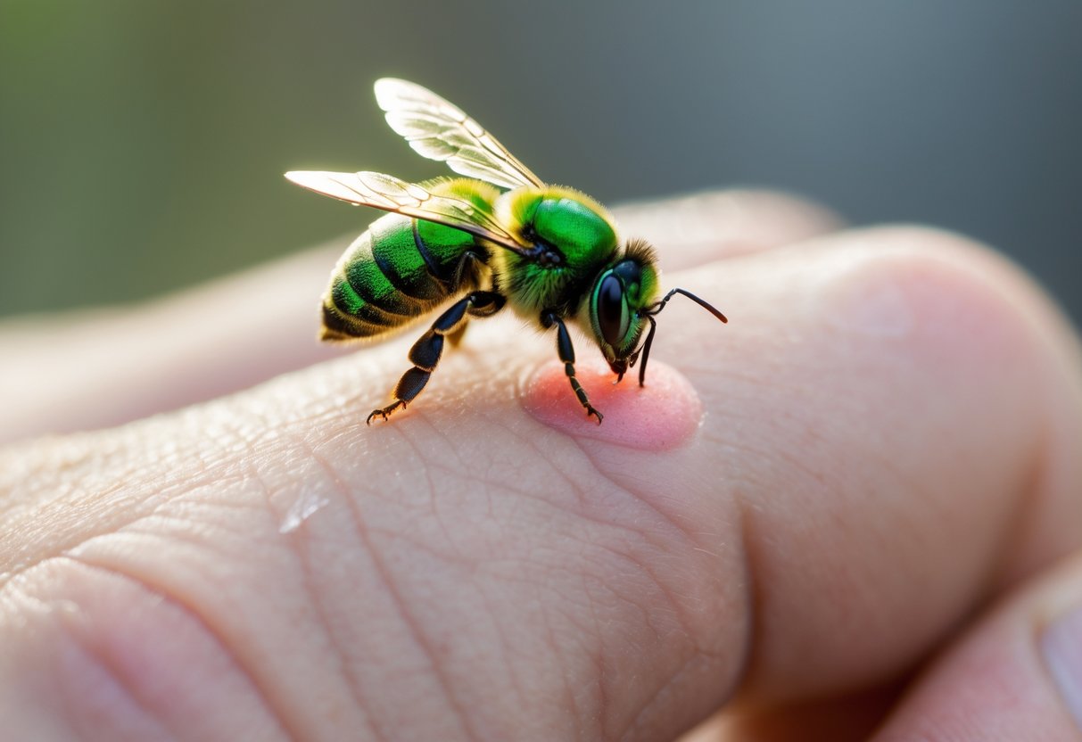 Close-up of a human hand with a small green sweat bee on the skin, showing mild redness around the sting site.