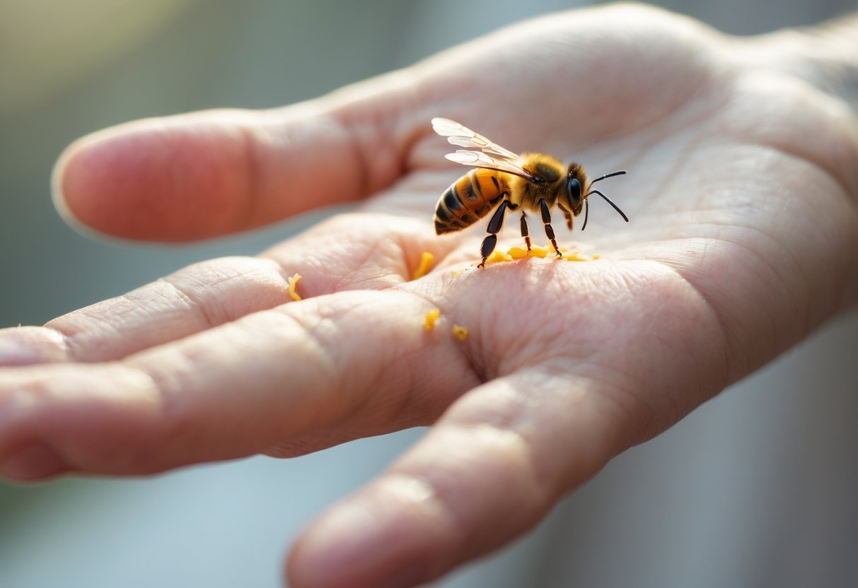 Close-up of a hand with a bee stinger embedded in the skin and mild redness around the sting.