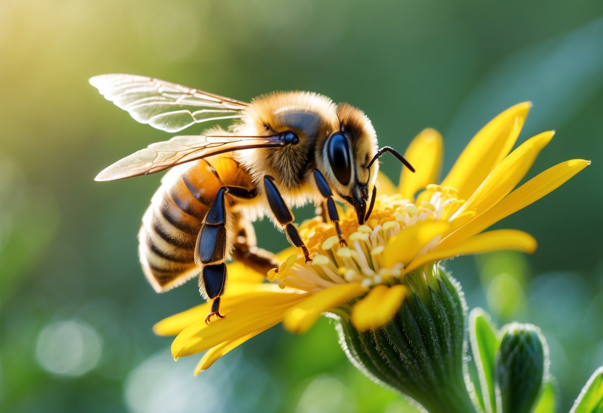 A honey bee collecting nectar on a yellow flower in a green natural setting.