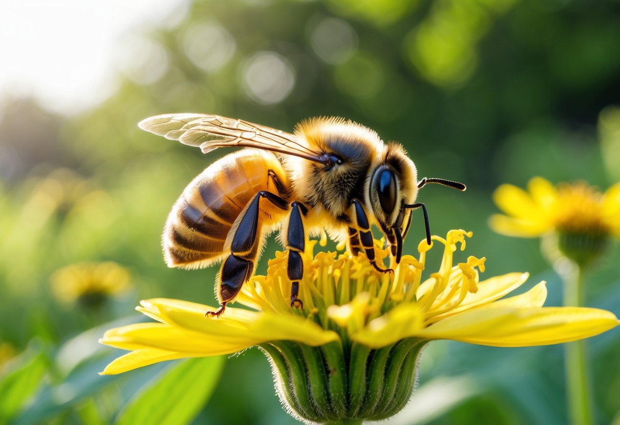 A honeybee collecting pollen from a yellow flower in a green garden.