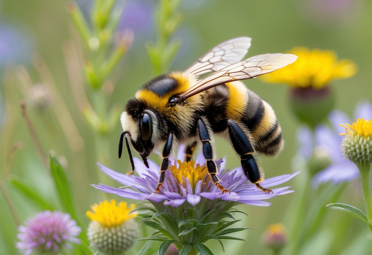 A buff-tailed bumblebee on a wildflower in a meadow.