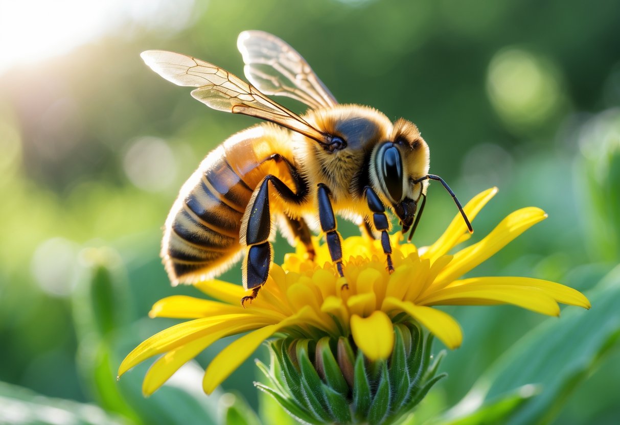 A close-up of a honeybee sitting on a yellow flower with green foliage in the background.