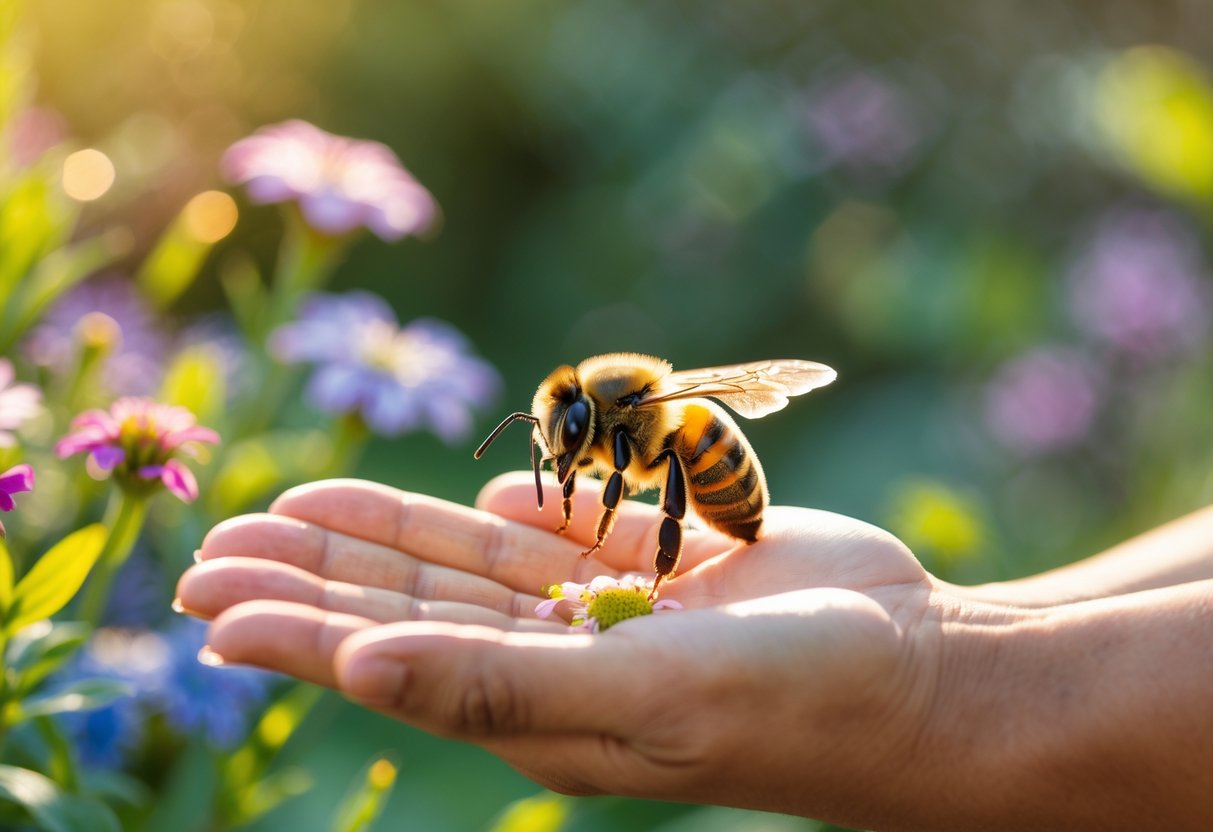 A bee landing gently on a person's open hand surrounded by flowers and greenery.