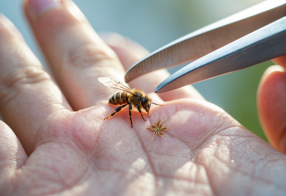 Close-up of a hand with a bee stinger embedded, being carefully removed with tweezers.