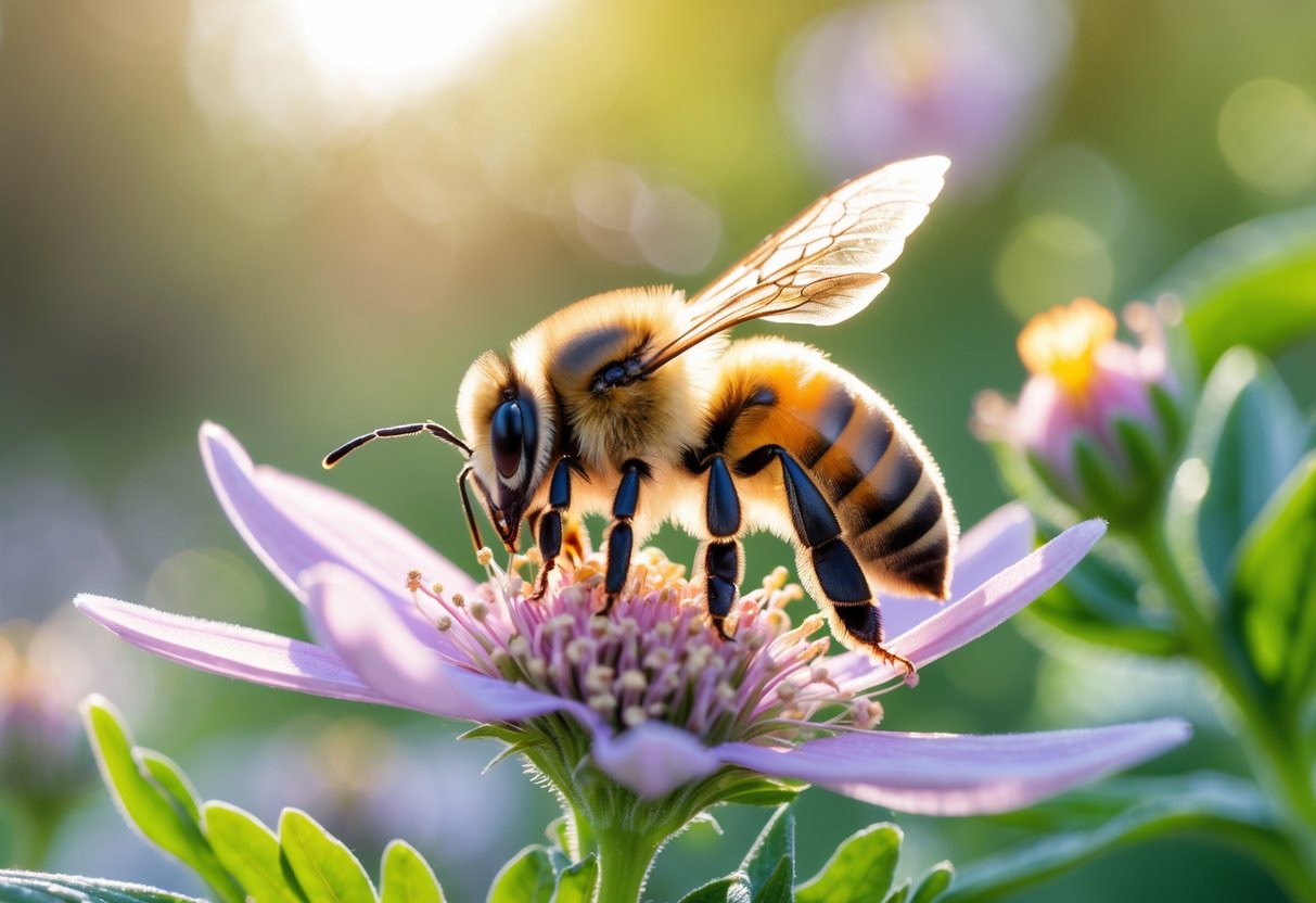 A close-up of a bee resting on a colorful flower outdoors.