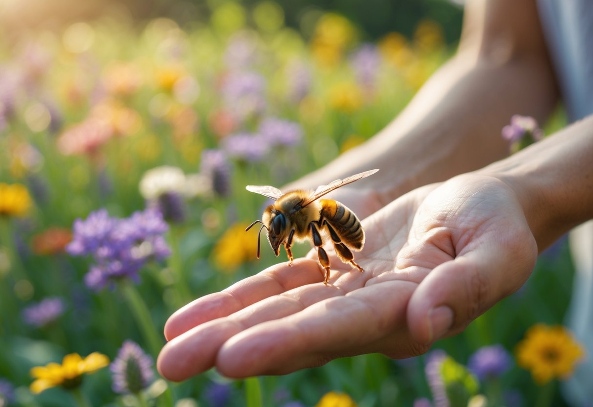 A bee landing on a person's outstretched hand in a flower-filled garden.
