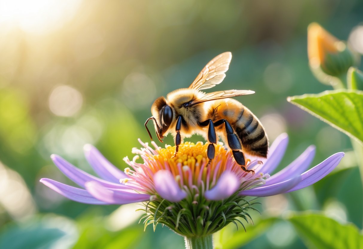 A close-up of a bee resting on a colorful flower in a garden.