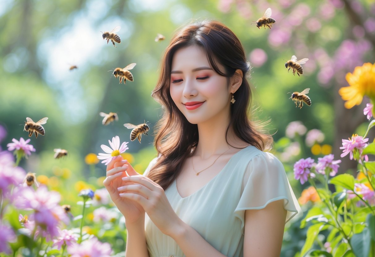 A young woman standing in a garden surrounded by flowers with bees hovering near her hands and shoulders.