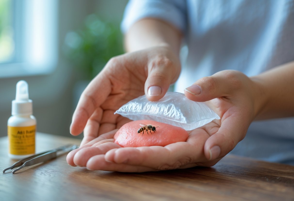 A person pressing an ice pack on a swollen bee sting on their forearm with a first aid kit nearby.