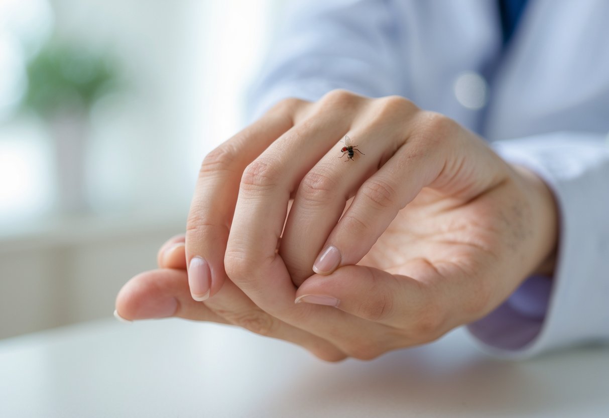 Close-up of a hand gently touching a small red bee sting mark on the skin.