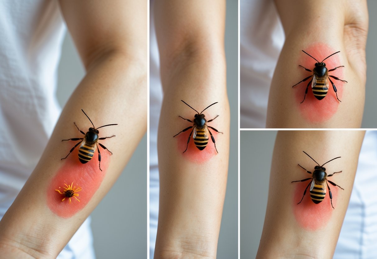 Close-up images of a person's arm showing the healing stages of a bee sting from fresh redness and swelling to almost healed skin.