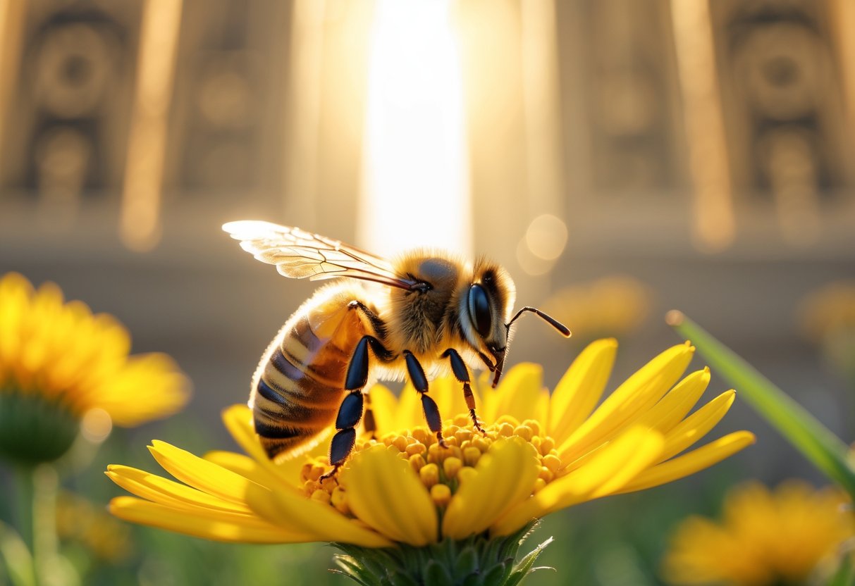 A honeybee resting on a yellow flower with ancient architectural elements softly visible in the background.
