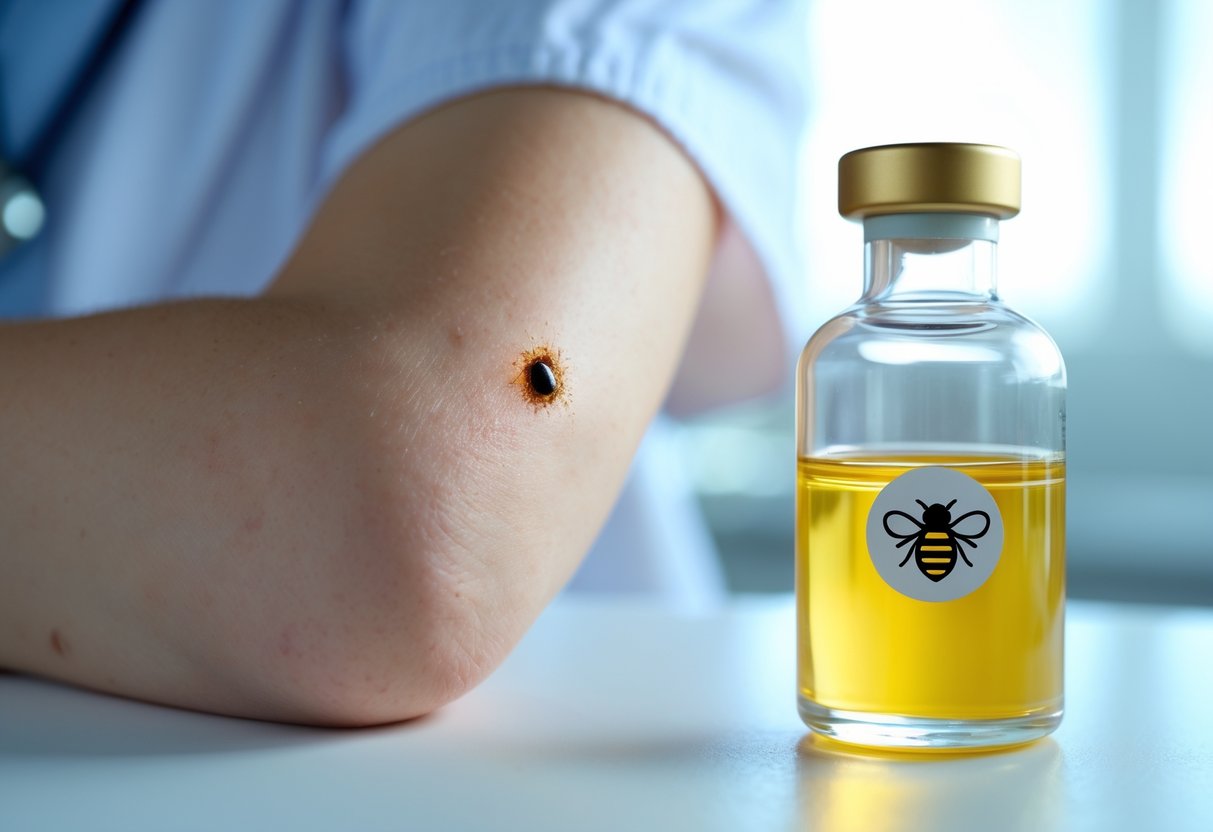 Close-up of a human arm with a bee sting mark and a small vial of bee venom on a bright medical background.