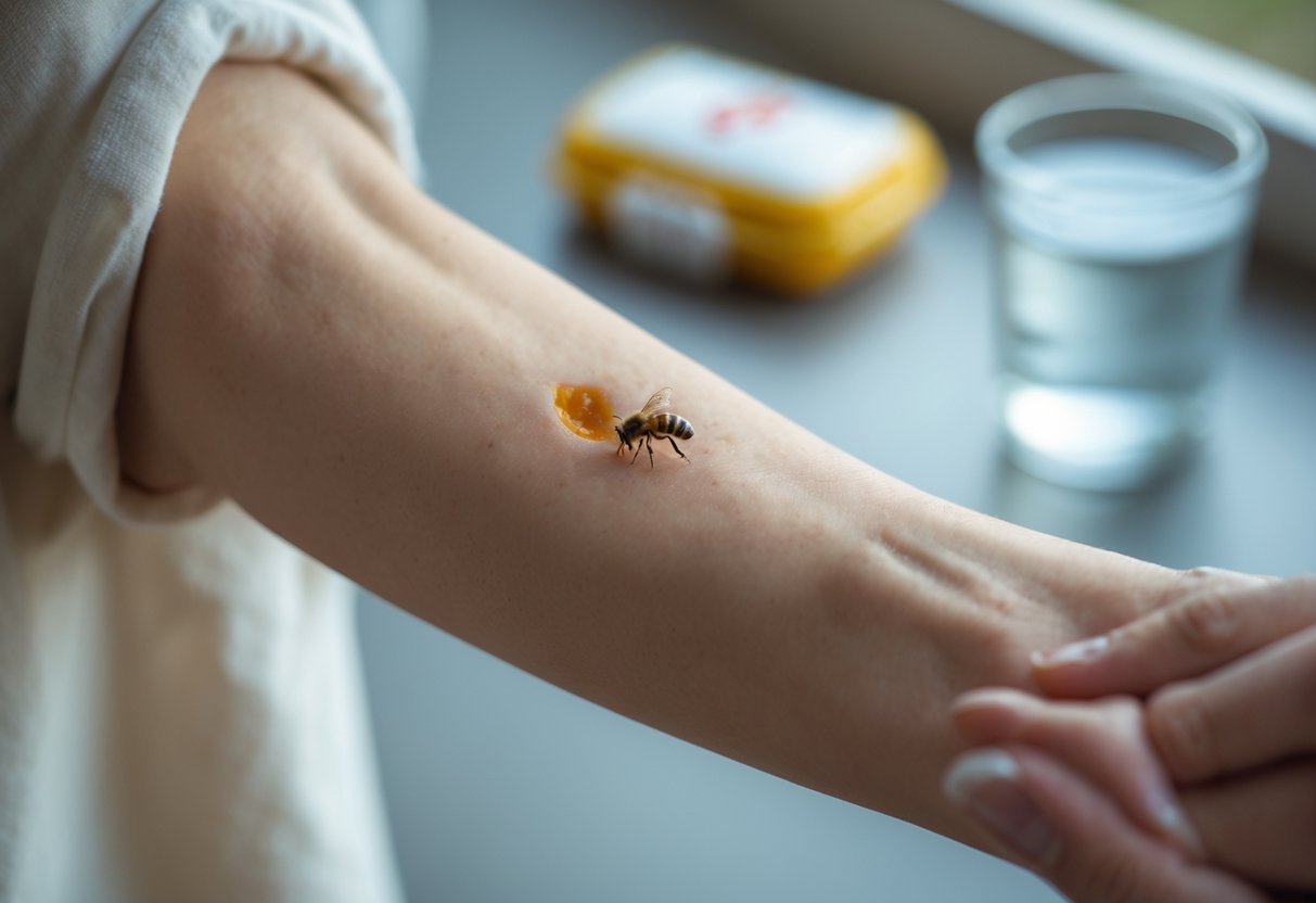 Close-up of a person's arm with a bee sting, showing mild redness and swelling, with a first aid kit blurred in the background.