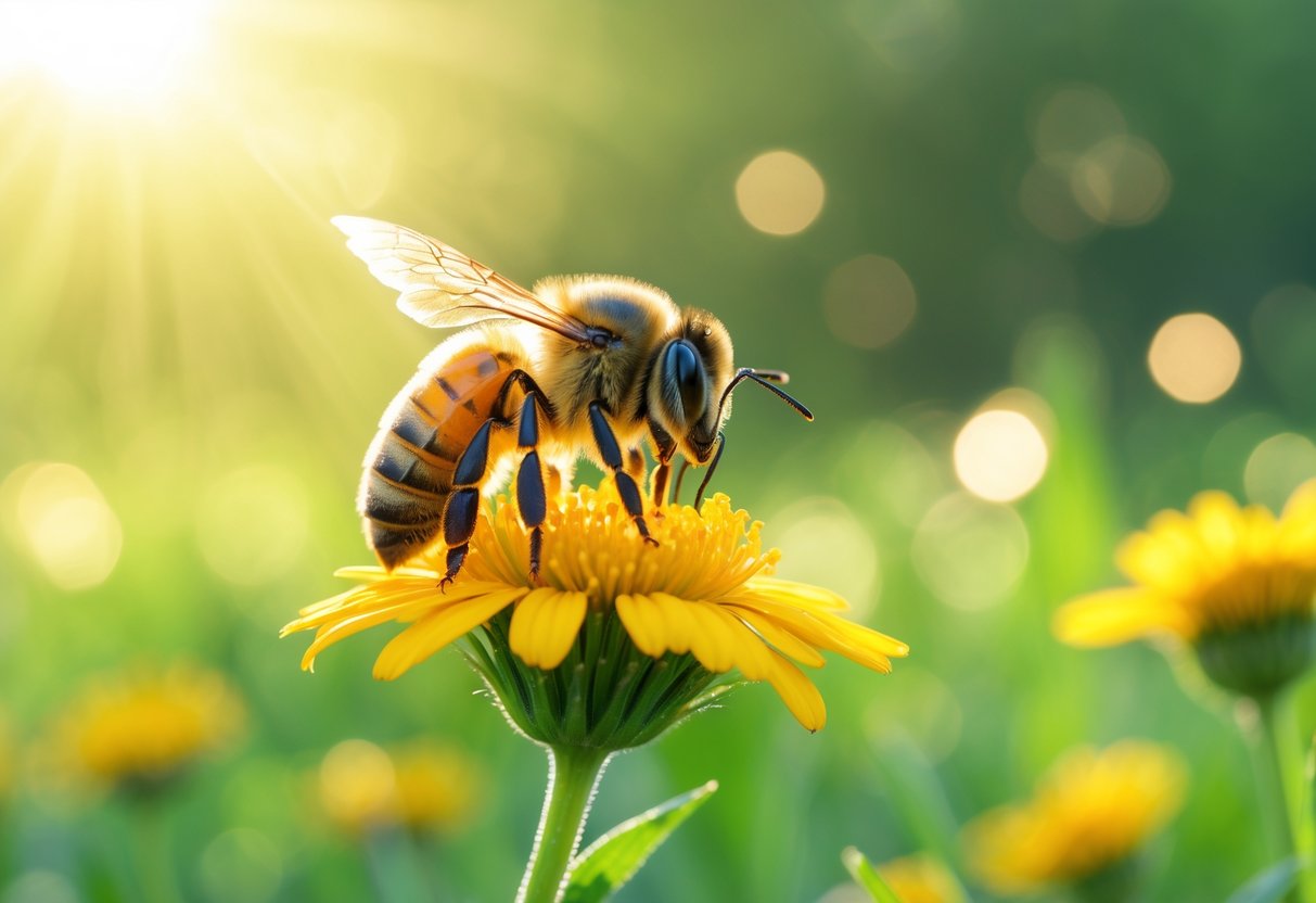 A close-up of a honeybee on a yellow flower in a sunlit green meadow.