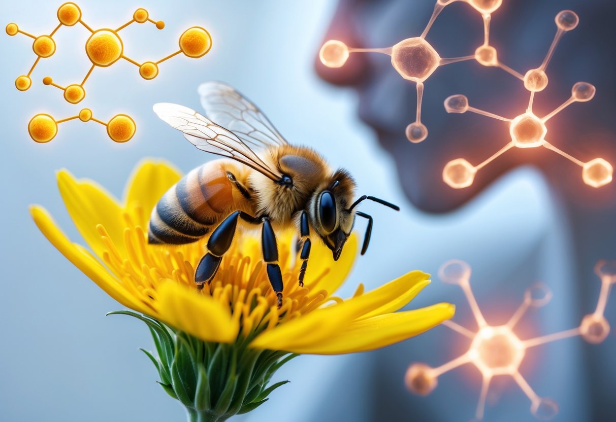 Close-up of a honeybee on a yellow flower with a faint overlay of molecular structures and a human silhouette showing skin redness.