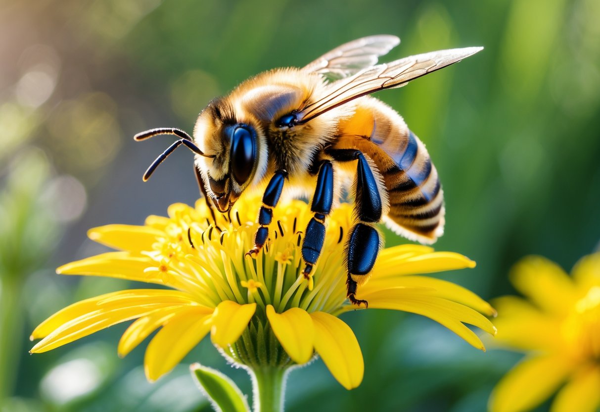 Close-up of a honey bee on a yellow flower with green foliage in the background.