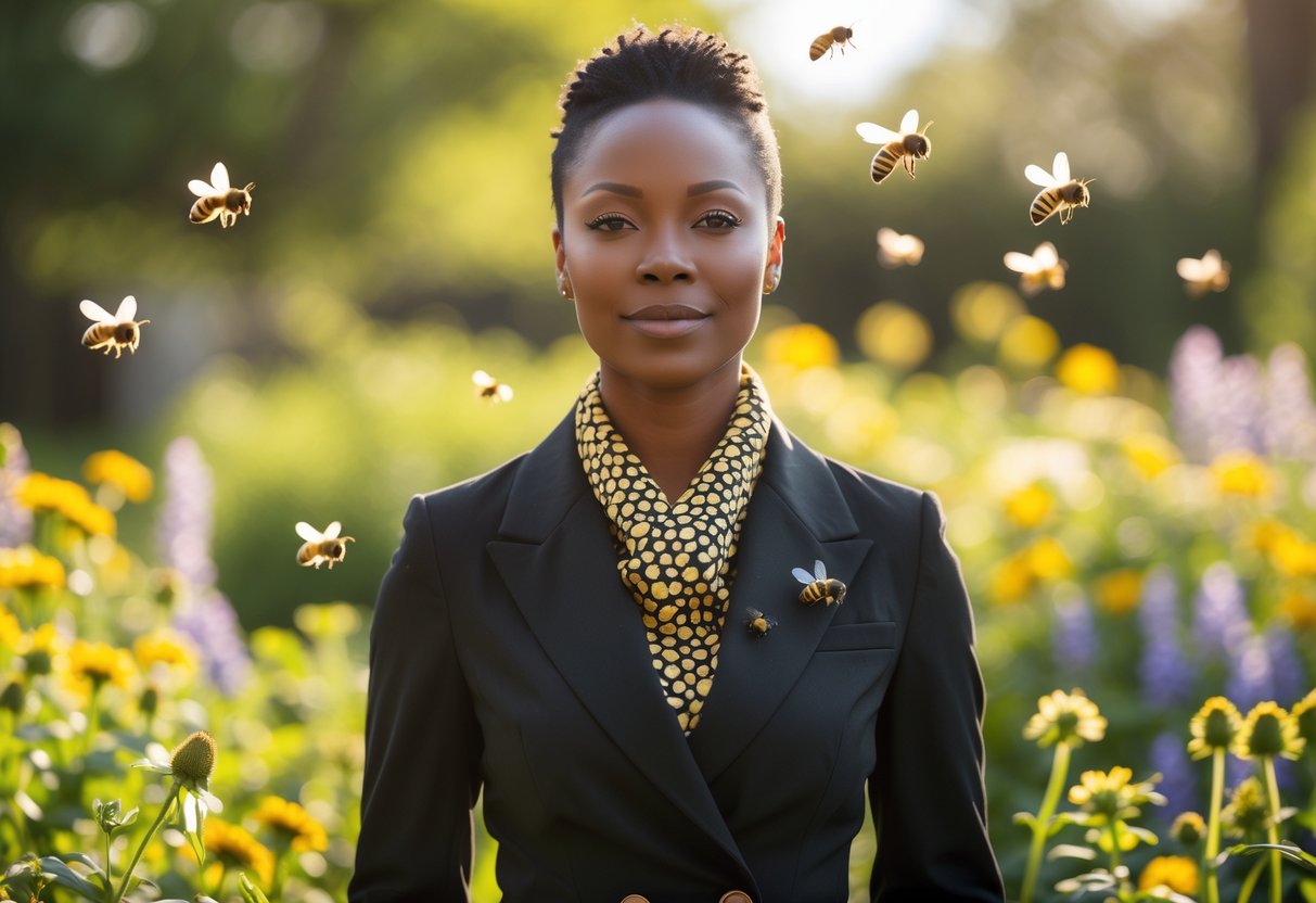 A person wearing bee-themed accessories stands in a sunlit garden with flowers and bees flying around.
