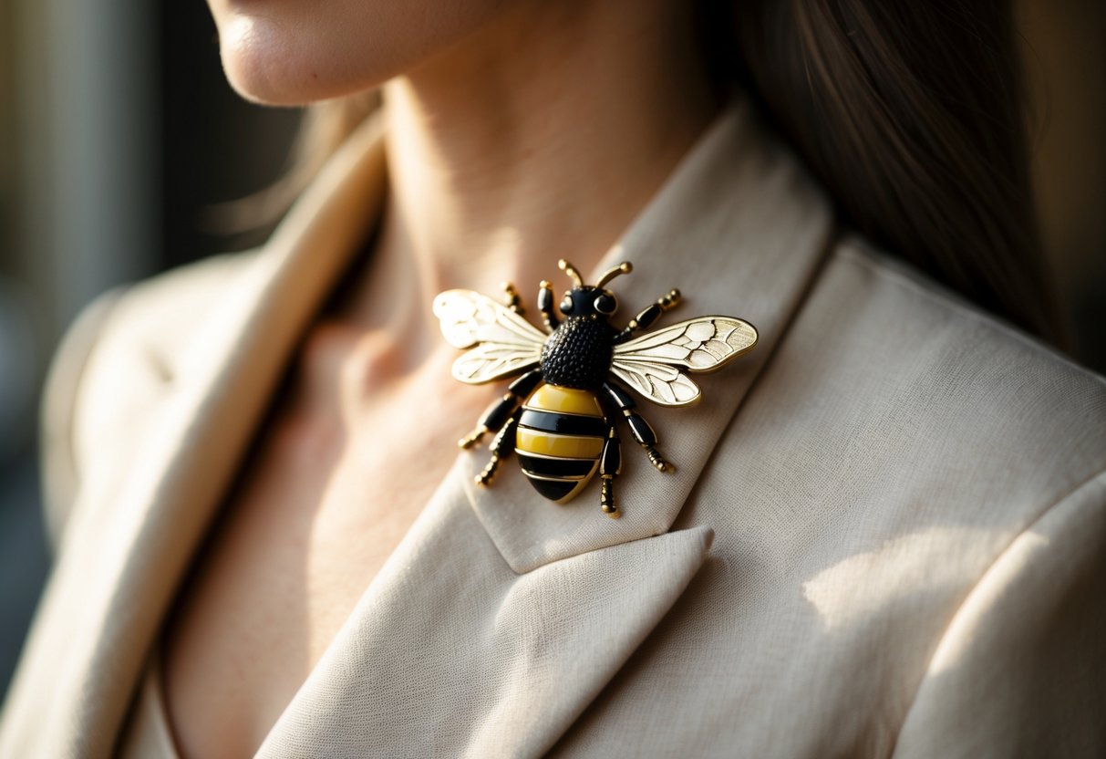 Close-up of a person wearing a detailed bee-shaped accessory on their clothing.