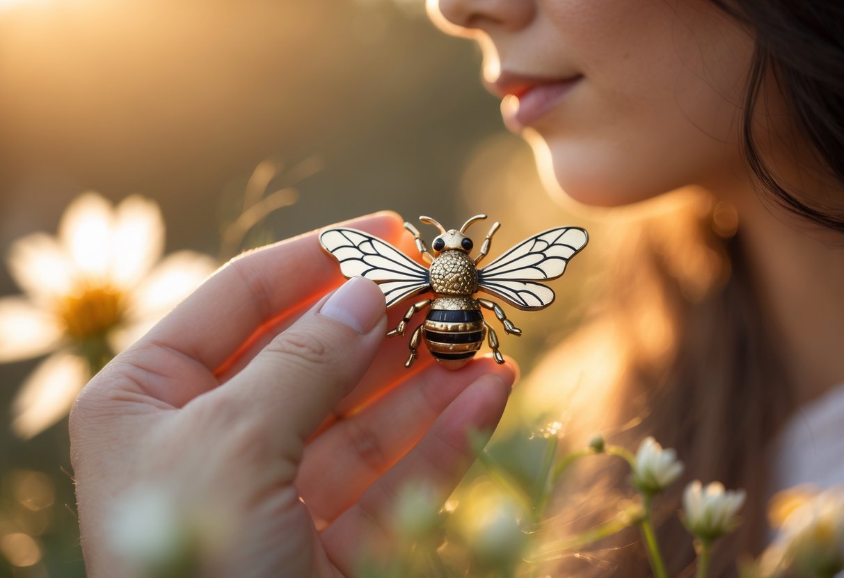 Close-up of a person wearing a bee-shaped accessory with soft natural background and flowers.